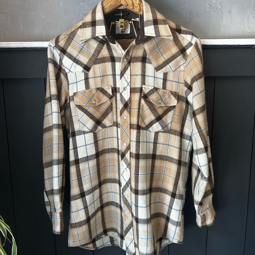 Vintage Sears Tan Cream Brown Plaid Snap‎ Pearl Button Front Western top Medium